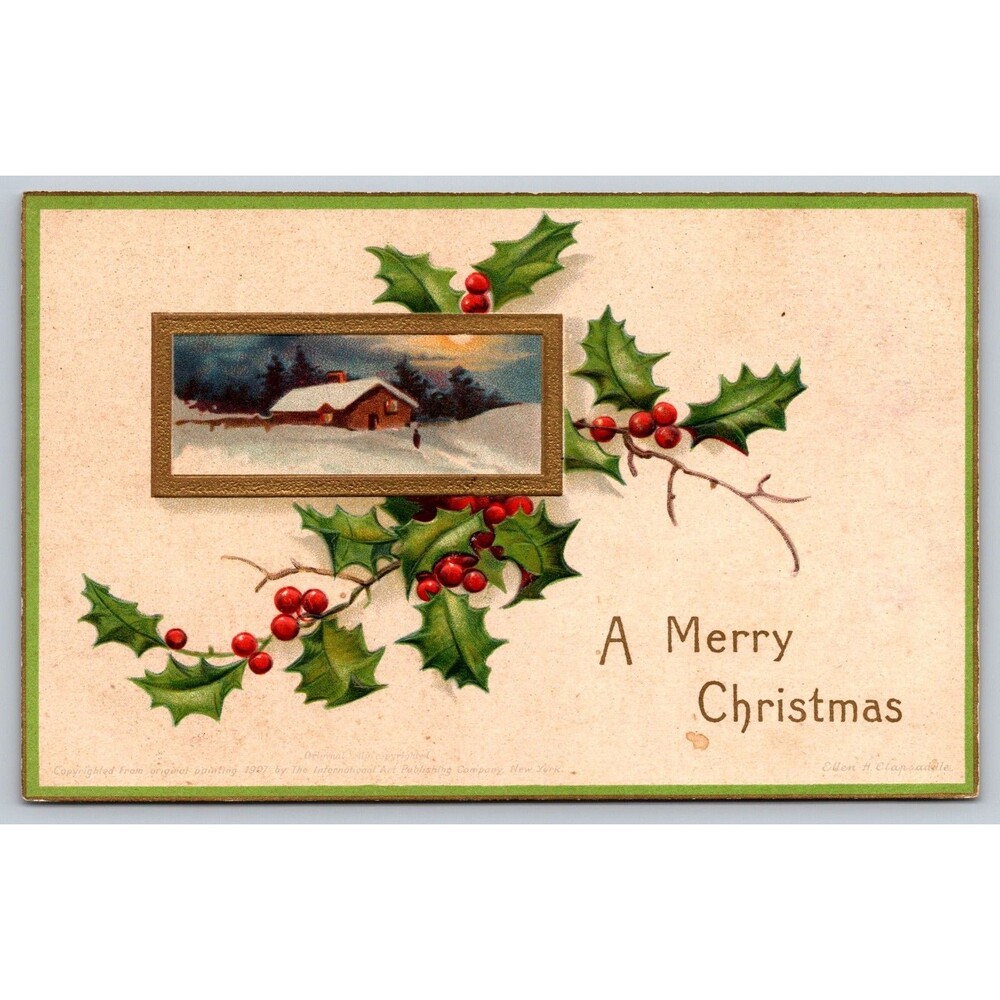 Postcard Merry Christmas Holly Snow Ellen Clapsaddle Embossed Unposted 1907 NE